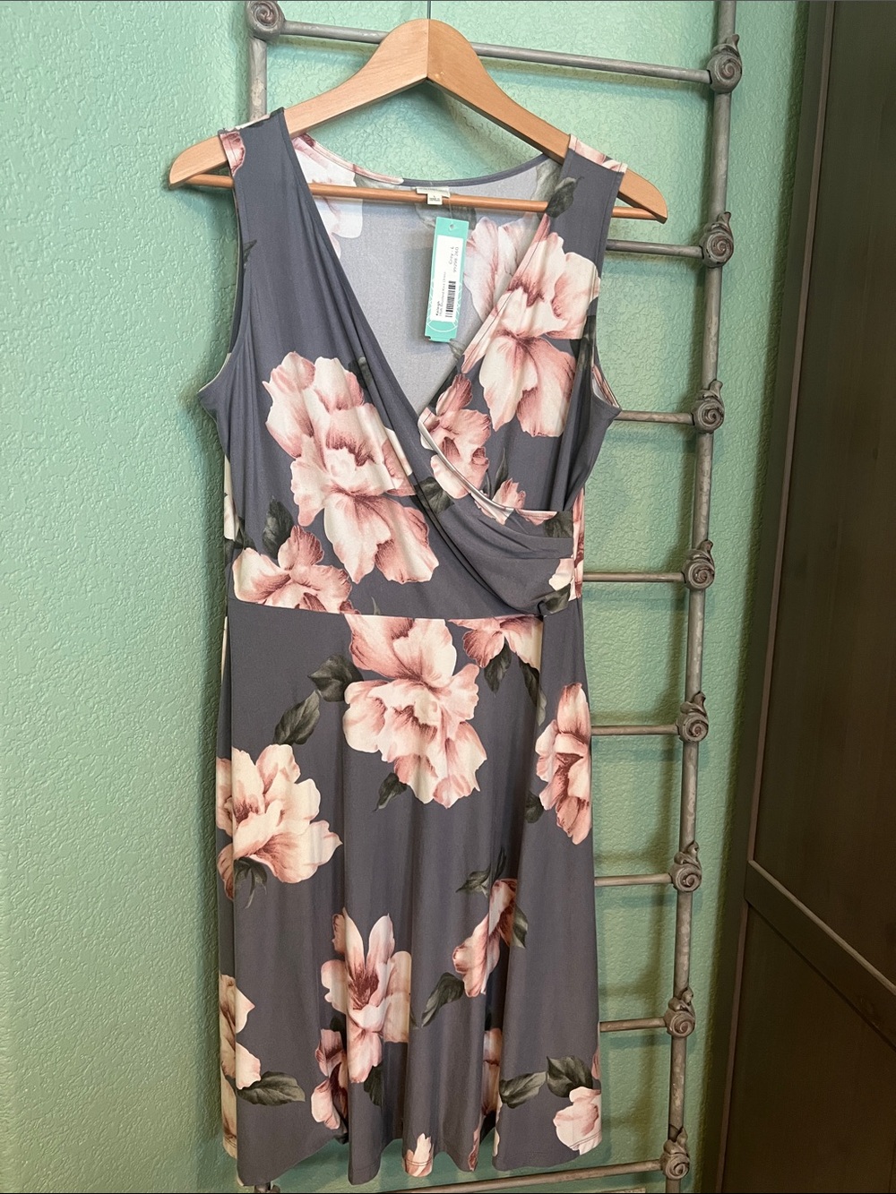 Sleeveless Gray Midi Dress with Pink Floral Print